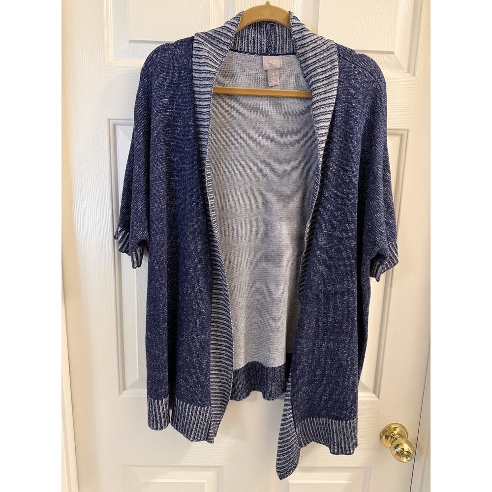 Chico's Women's 3 Blue/White Striped Trim Collared Short Sleeve Cardigan Sweater